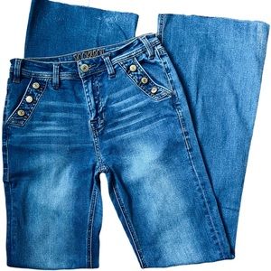 Rock & Roll Denim Jeans , Vintage Front Buttons Detail , High Rise Denim Trouser